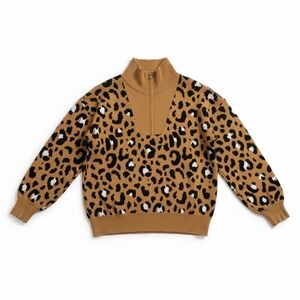 Nine West Leopard Print Quarter Zip Mock Neck Sweater Tan Black Large